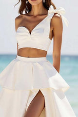 Dreamyannie A Line Satin White 2 Piece Ruffled Long Graduation Dress With Slit