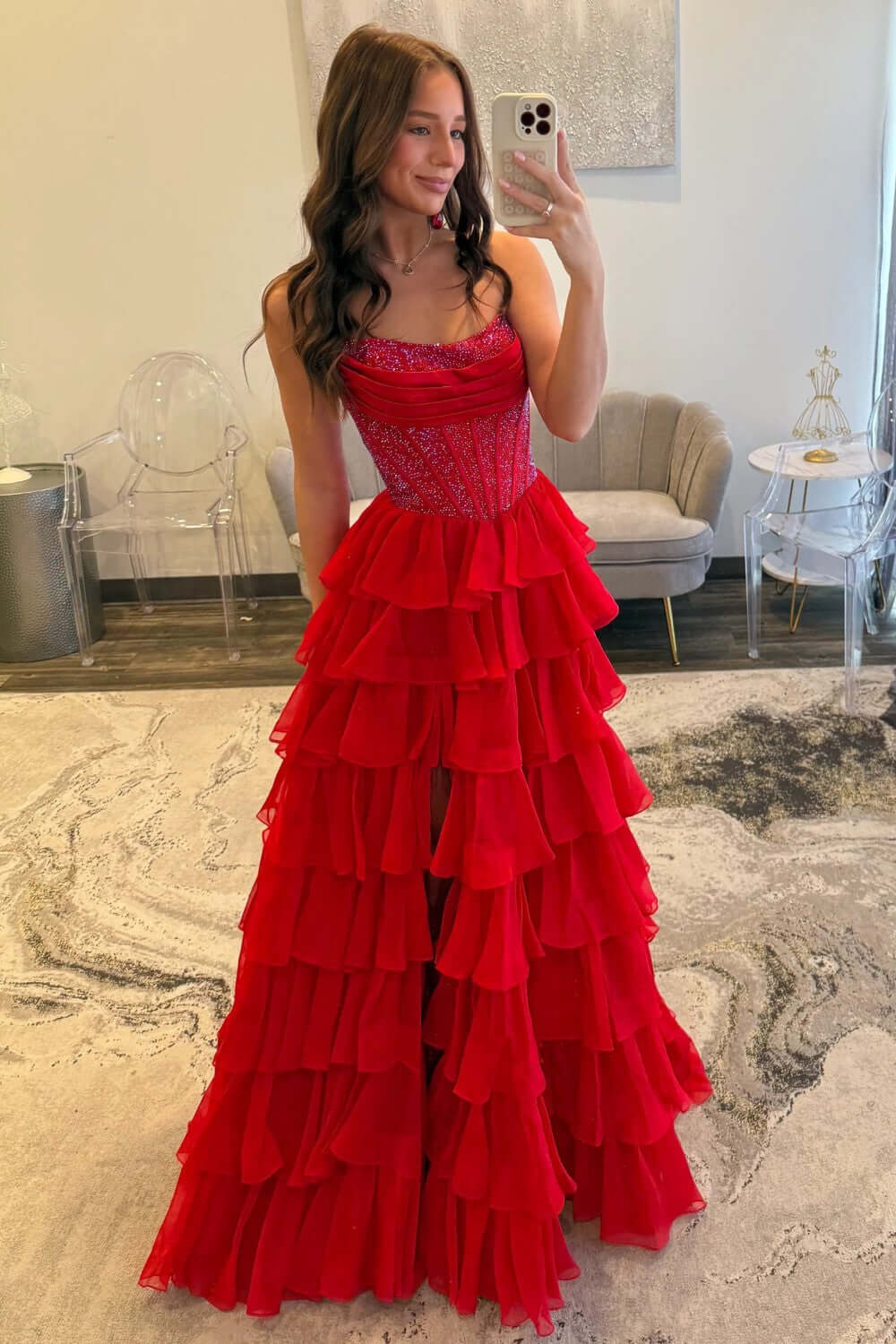 Dreamyannie A Line Tiered Prom Dress Strapless Corset Long Chiffon Formal Dress With Slit