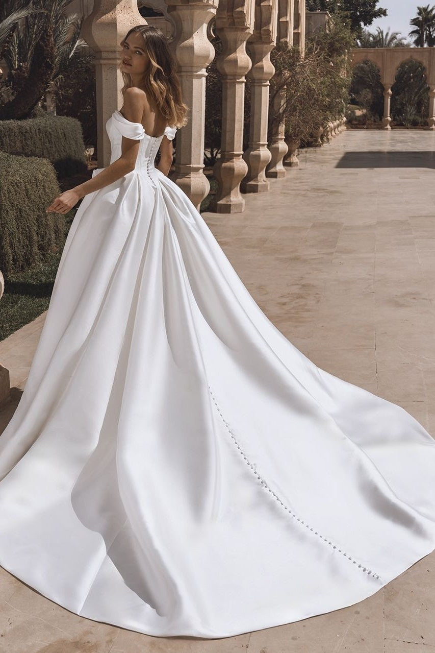 Dreamyannie A Line Wedding Dress Satin Off the Shoulder Bridal Gown