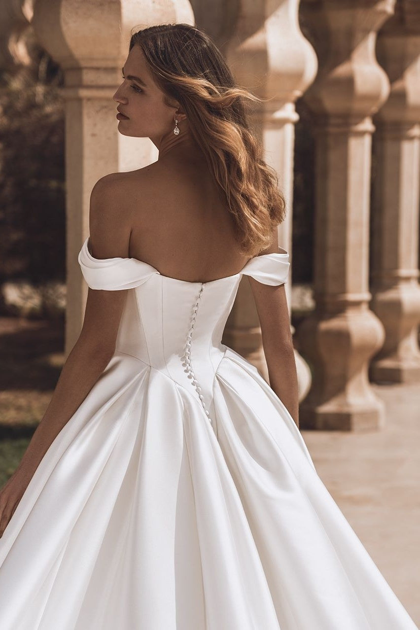 Dreamyannie A Line Wedding Dress Satin Off the Shoulder Bridal Gown