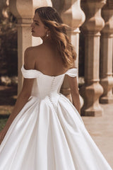 Dreamyannie A Line Wedding Dress Satin Off the Shoulder Bridal Gown