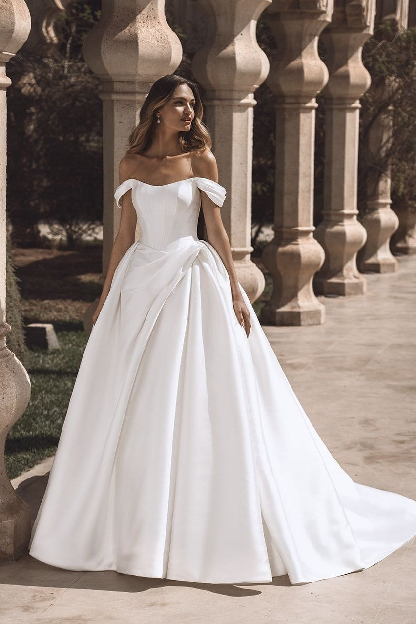 Dreamyannie A Line Wedding Dress Satin Off the Shoulder Bridal Gown