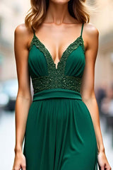 Dreamyannie Appliqued Sheath Dark Green Wedding Guest Dress Lace Long Formal Dress With Slit