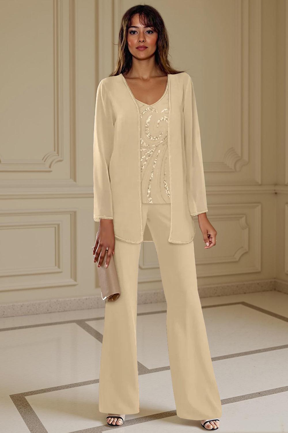 Dreamyannie Apricot Chiffon V Neck 3 Piece Mother Of The Bride Pant Suits With Beading