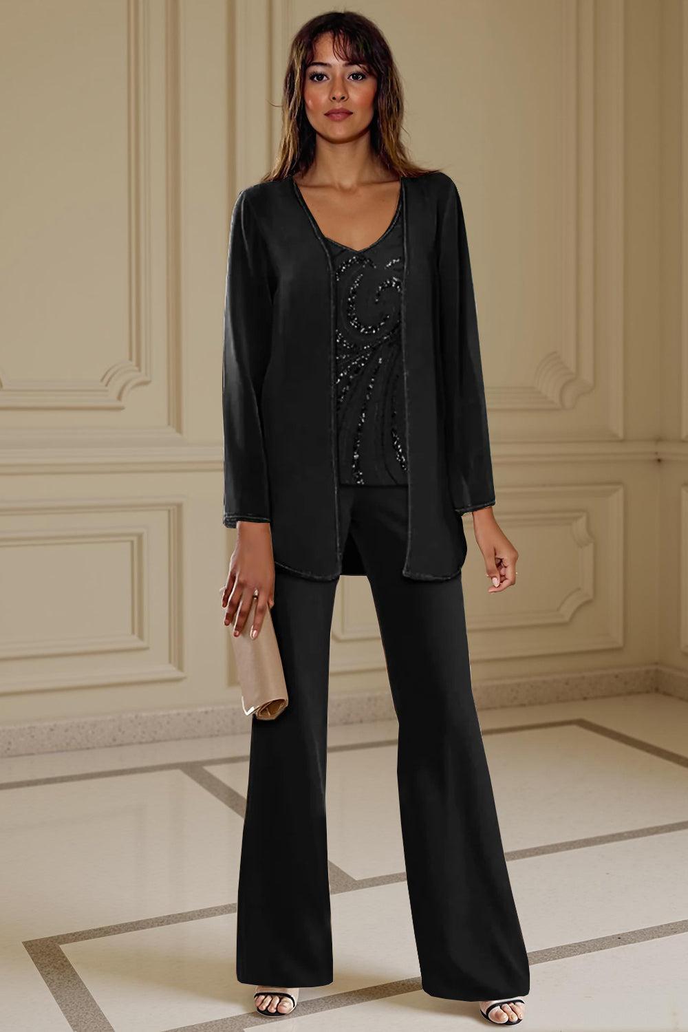 Dreamyannie Apricot Chiffon V Neck 3 Piece Mother Of The Bride Pant Suits With Beading