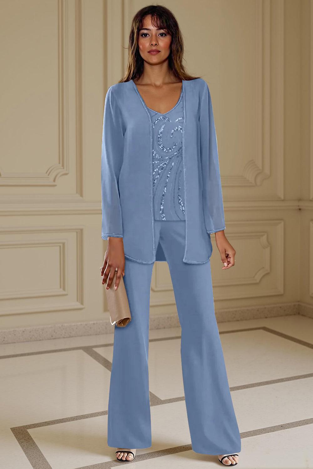 Dreamyannie Apricot Chiffon V Neck 3 Piece Mother Of The Bride Pant Suits With Beading