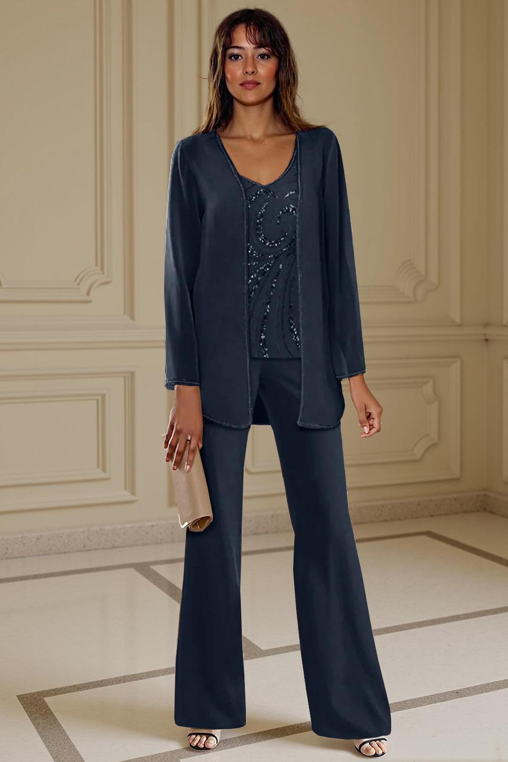 Dreamyannie Apricot Chiffon V Neck 3 Piece Mother Of The Bride Pant Suits With Beading