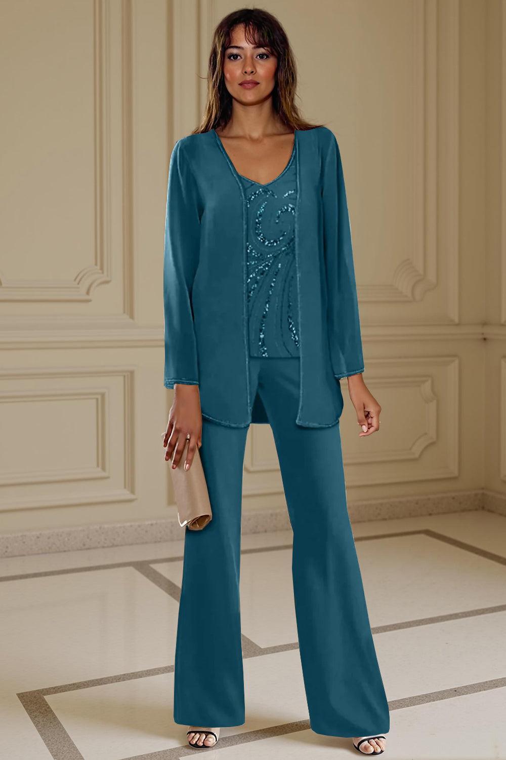 Dreamyannie Apricot Chiffon V Neck 3 Piece Mother Of The Bride Pant Suits With Beading