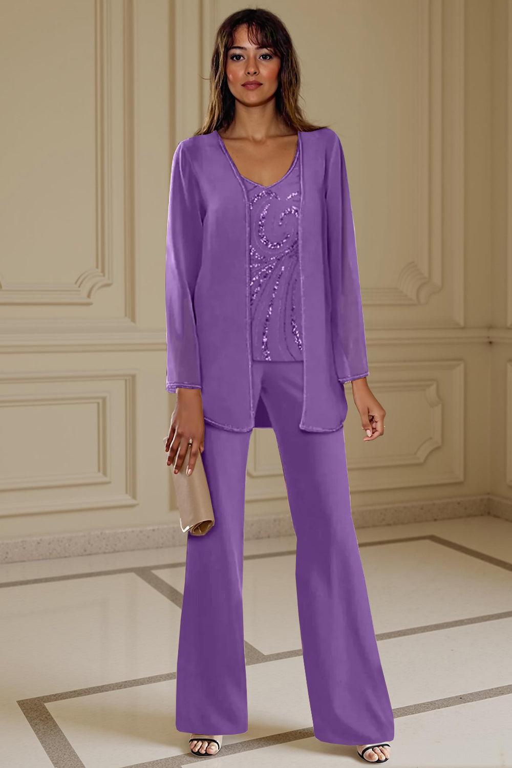 Dreamyannie Apricot Chiffon V Neck 3 Piece Mother Of The Bride Pant Suits With Beading