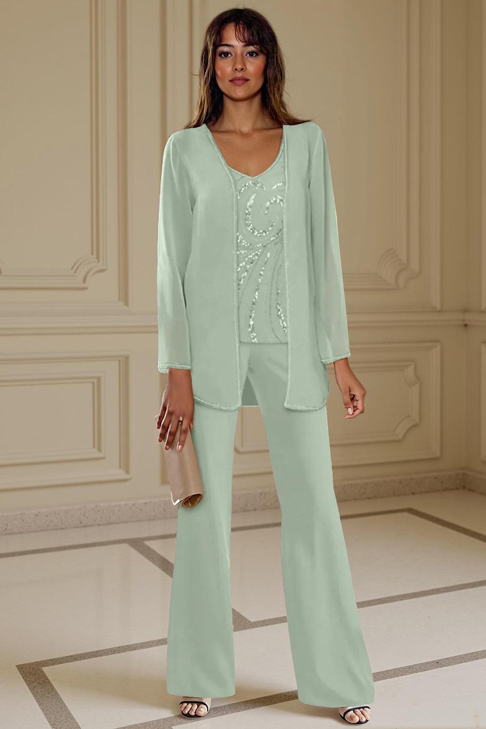 Dreamyannie Apricot Chiffon V Neck 3 Piece Mother Of The Bride Pant Suits With Beading