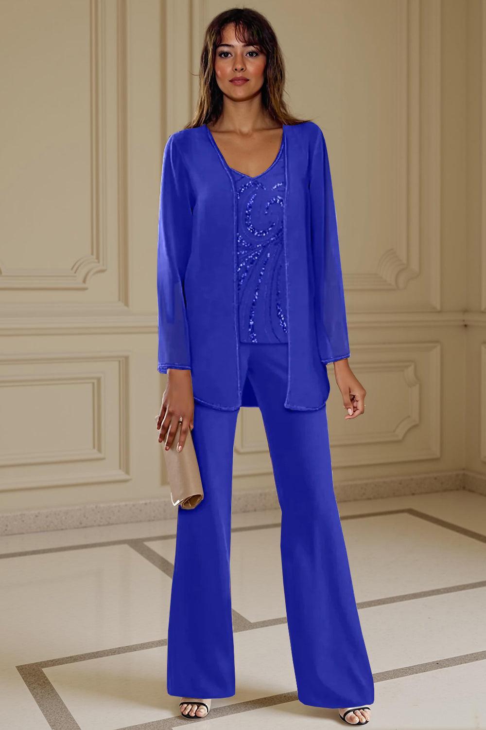 Dreamyannie Apricot Chiffon V Neck 3 Piece Mother Of The Bride Pant Suits With Beading