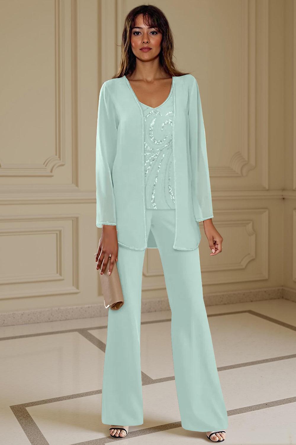 Dreamyannie Apricot Chiffon V Neck 3 Piece Mother Of The Bride Pant Suits With Beading