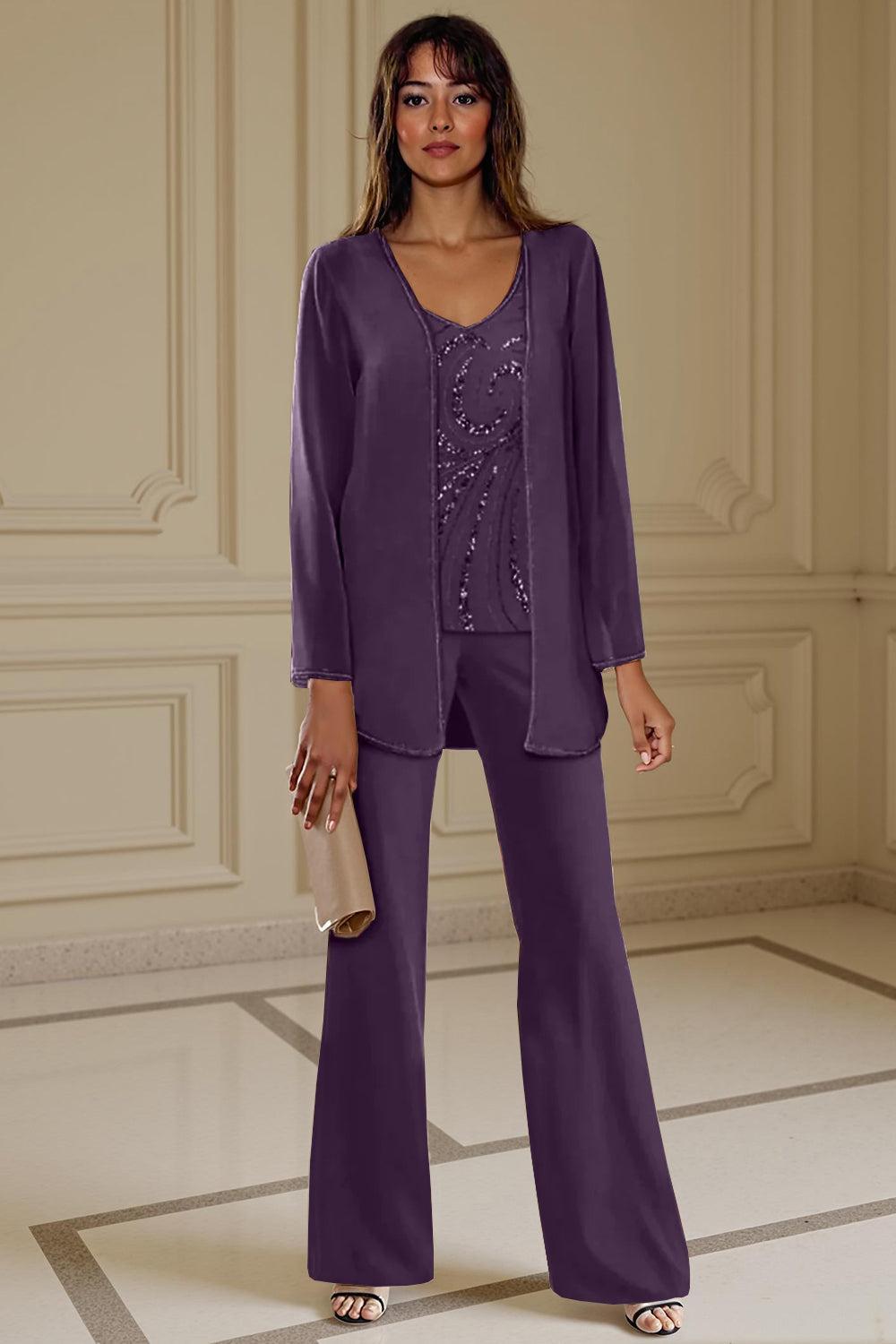 Dreamyannie Apricot Chiffon V Neck 3 Piece Mother Of The Bride Pant Suits With Beading