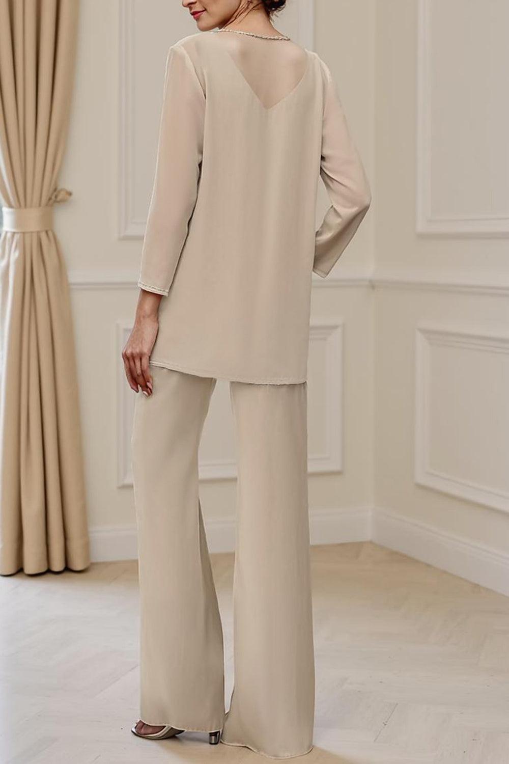 Dreamyannie Apricot Chiffon V Neck 3 Piece Mother Of The Bride Pant Suits With Beading