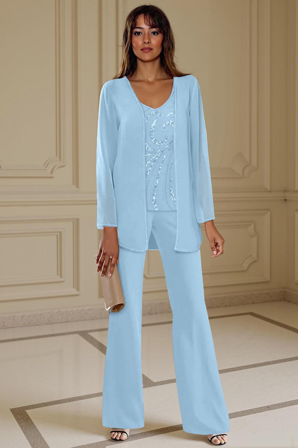 Dreamyannie Apricot Chiffon V Neck 3 Piece Mother Of The Bride Pant Suits With Beading