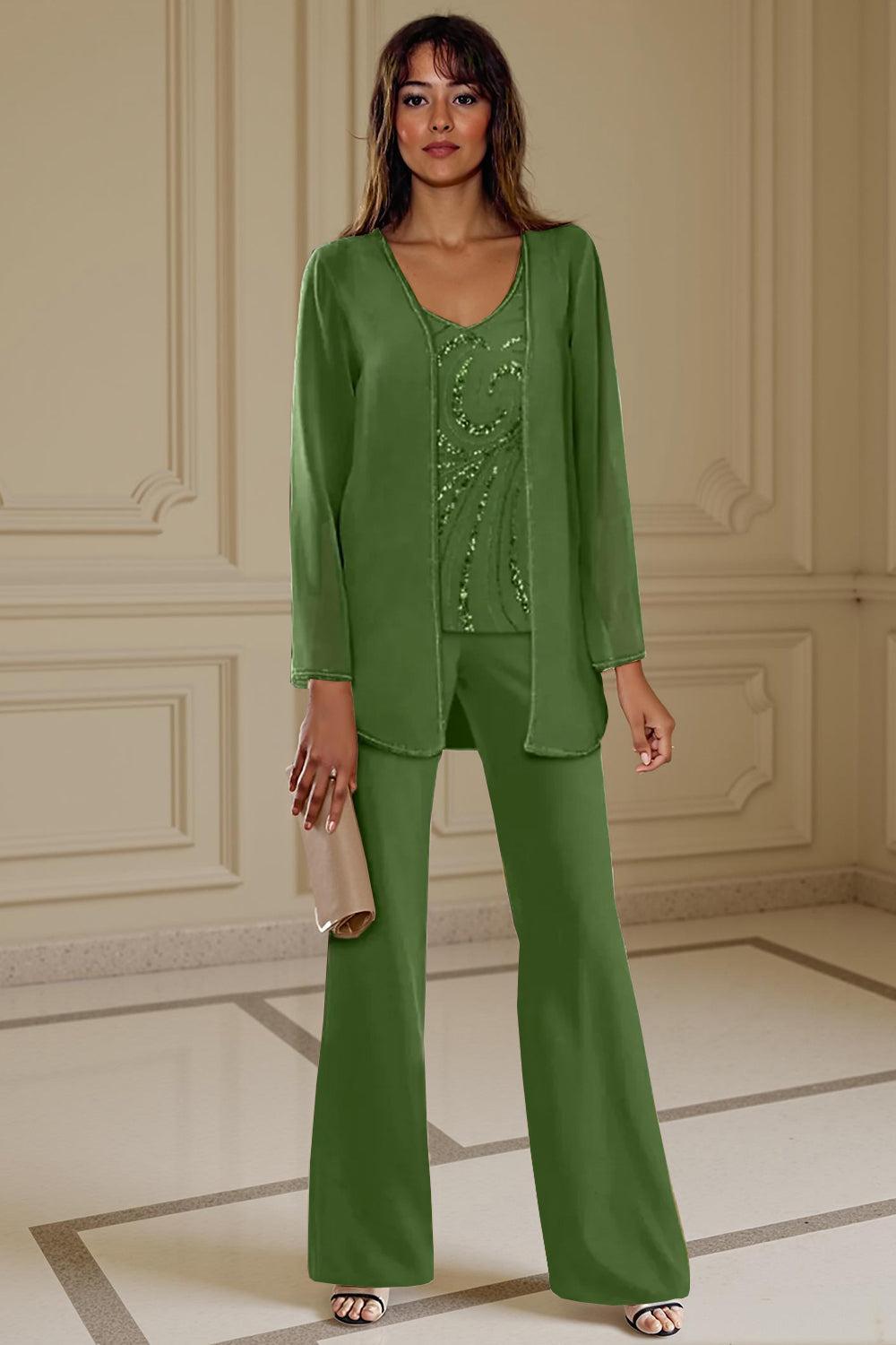 Dreamyannie Apricot Chiffon V Neck 3 Piece Mother Of The Bride Pant Suits With Beading