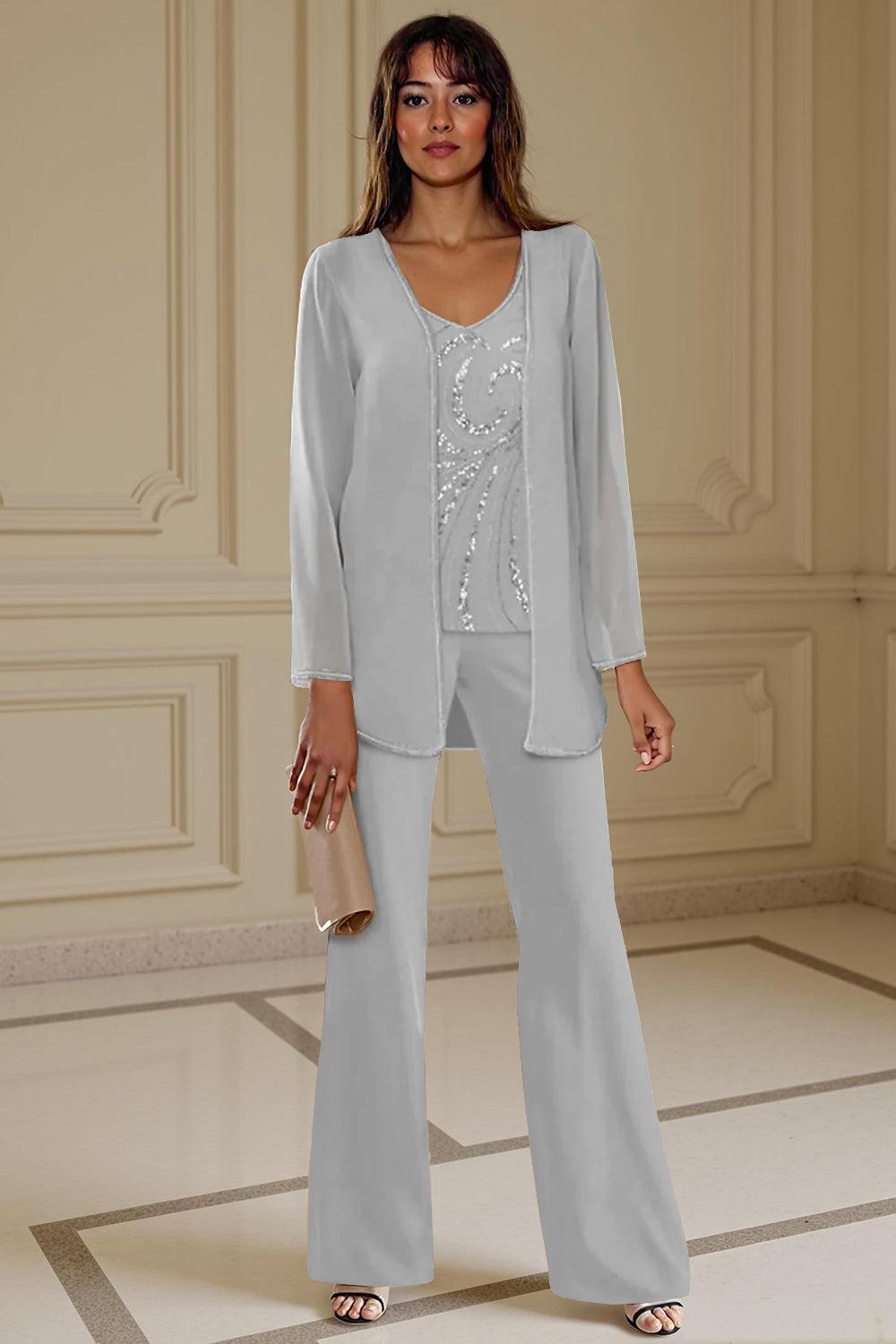 Dreamyannie Apricot Chiffon V Neck 3 Piece Mother Of The Bride Pant Suits With Beading
