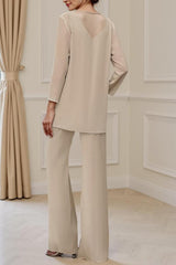 Dreamyannie Apricot Chiffon V Neck 3 Piece Mother Of The Bride Pant Suits With Beading