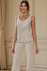 Dreamyannie Apricot Chiffon V Neck 3 Piece Mother Of The Bride Pant Suits With Beading
