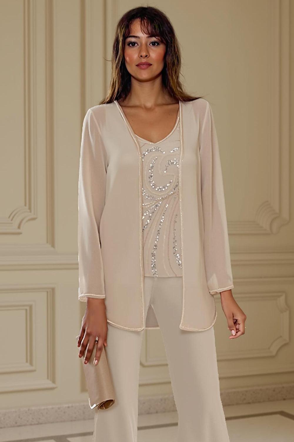 Dreamyannie Apricot Chiffon V Neck 3 Piece Mother Of The Bride Pant Suits With Beading