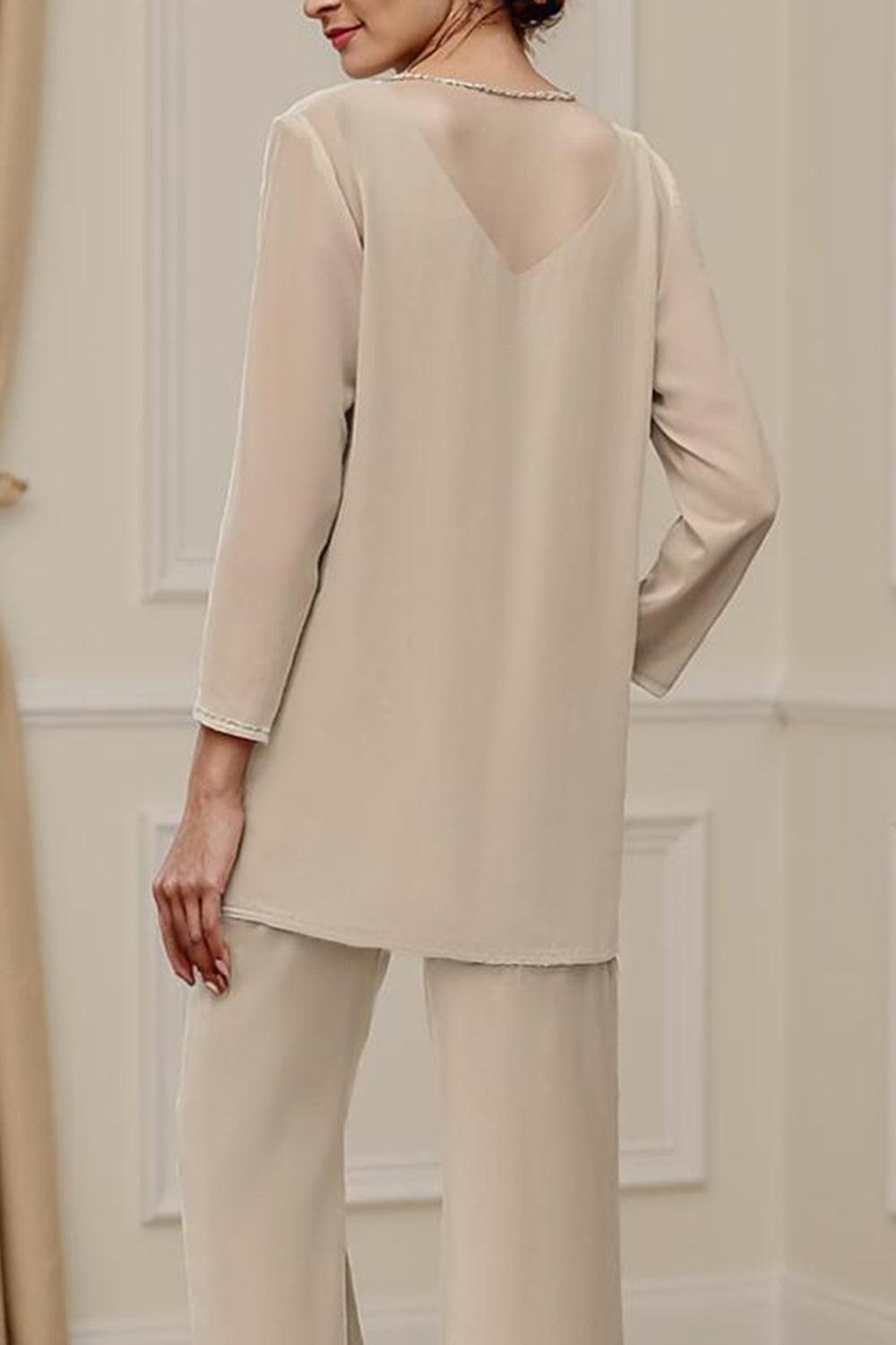Dreamyannie Apricot Chiffon V Neck 3 Piece Mother Of The Bride Pant Suits With Beading