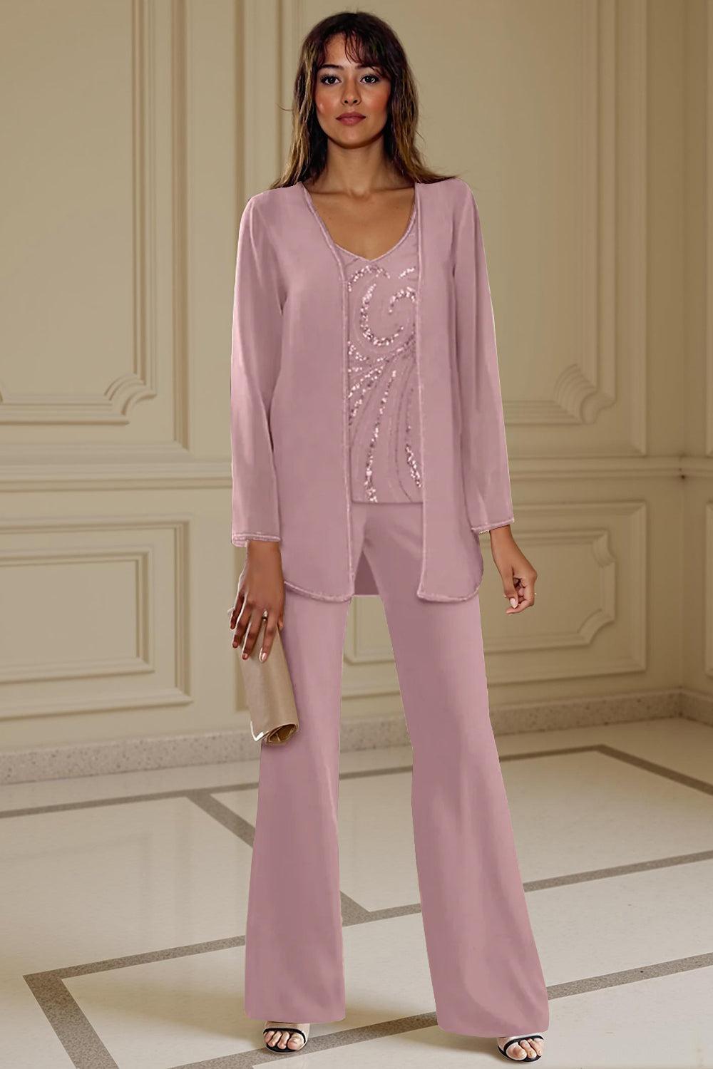 Dreamyannie Apricot Chiffon V Neck 3 Piece Mother Of The Bride Pant Suits With Beading