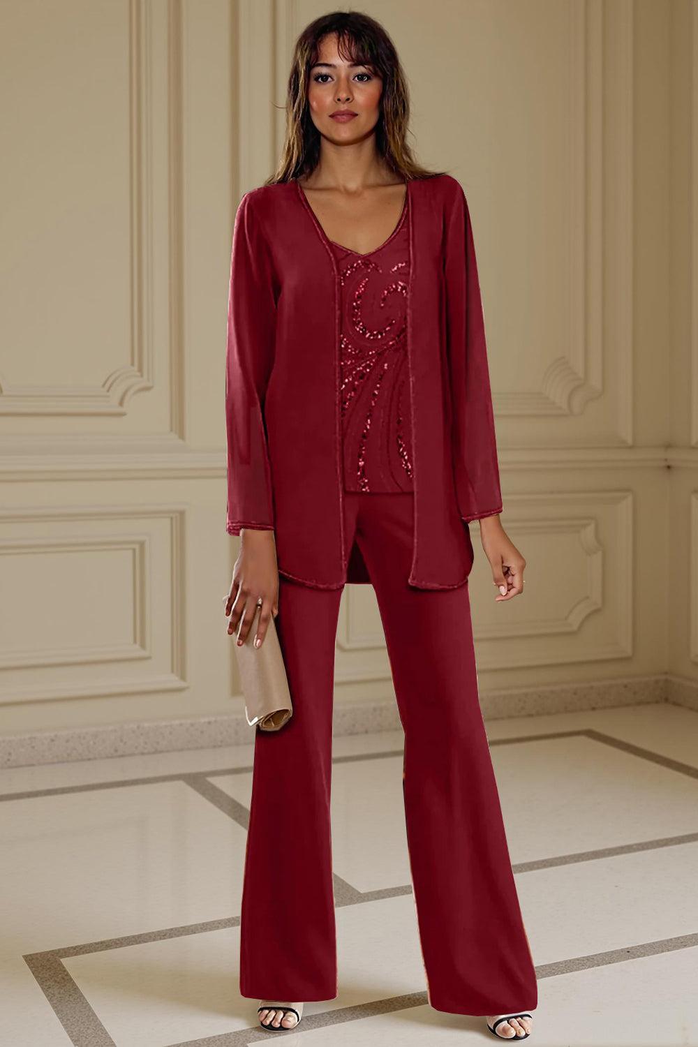 Dreamyannie Apricot Chiffon V Neck 3 Piece Mother Of The Bride Pant Suits With Beading