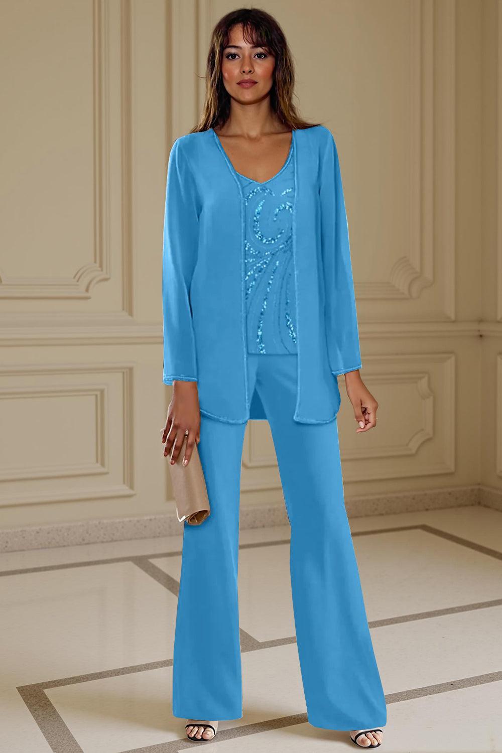 Dreamyannie Apricot Chiffon V Neck 3 Piece Mother Of The Bride Pant Suits With Beading