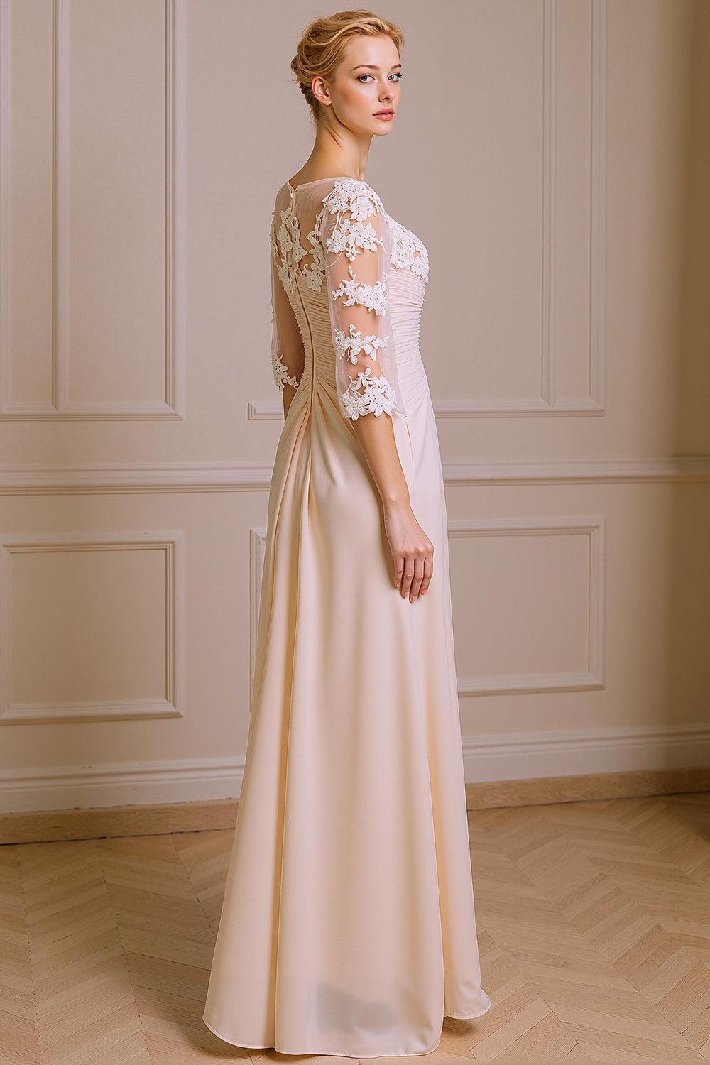 Dreamyannie Apricot Chiffon V Neck Sheath Floor Length Mother Of The Bride Dress With Lace