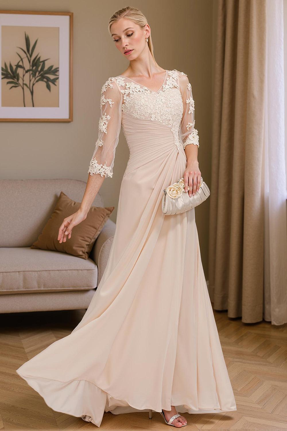 Dreamyannie Apricot Chiffon V Neck Sheath Floor Length Mother Of The Bride Dress With Lace