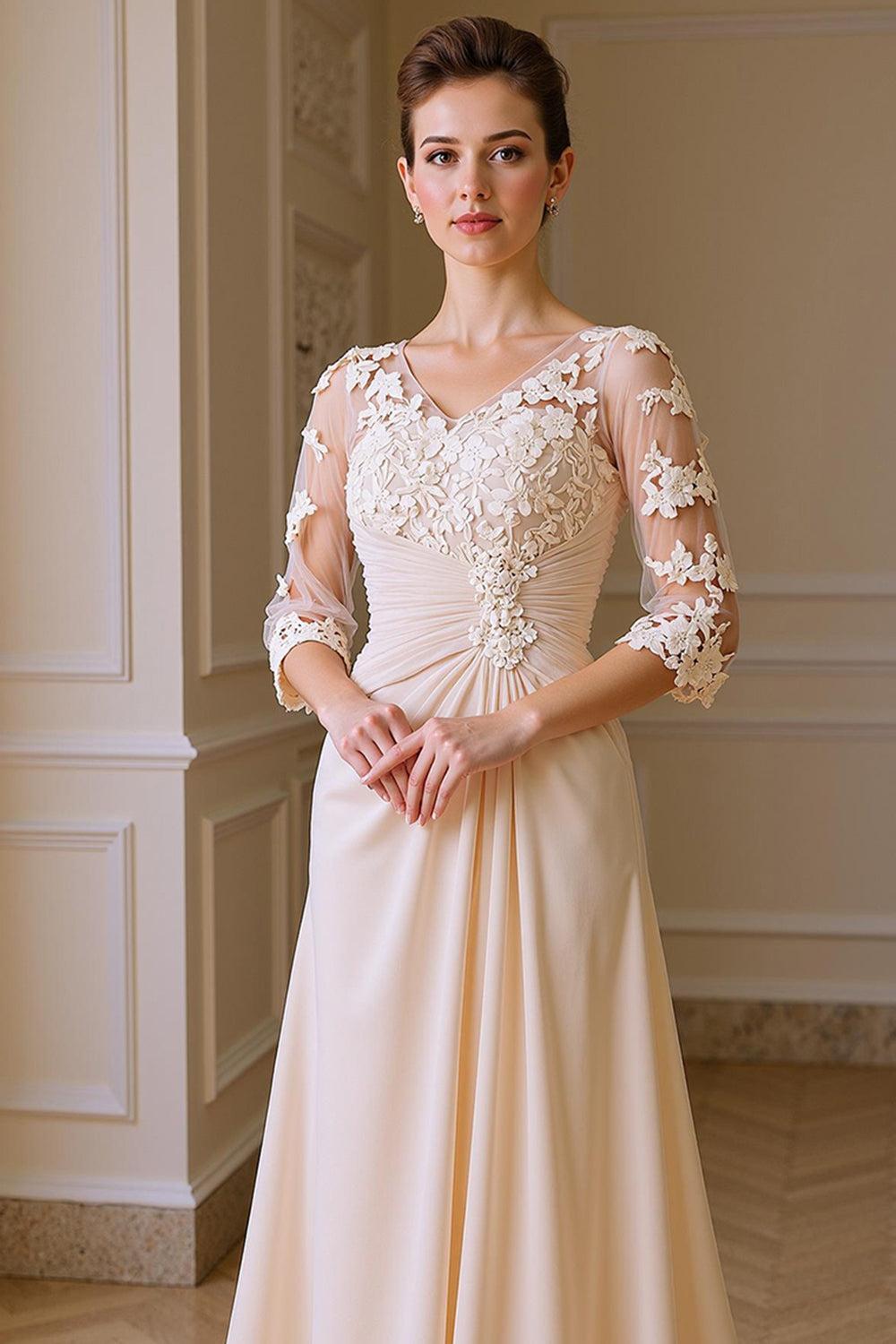 Dreamyannie Apricot Chiffon V Neck Sheath Floor Length Mother Of The Bride Dress With Lace