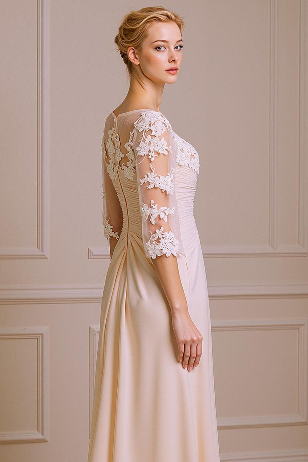Dreamyannie Apricot Chiffon V Neck Sheath Floor Length Mother Of The Bride Dress With Lace