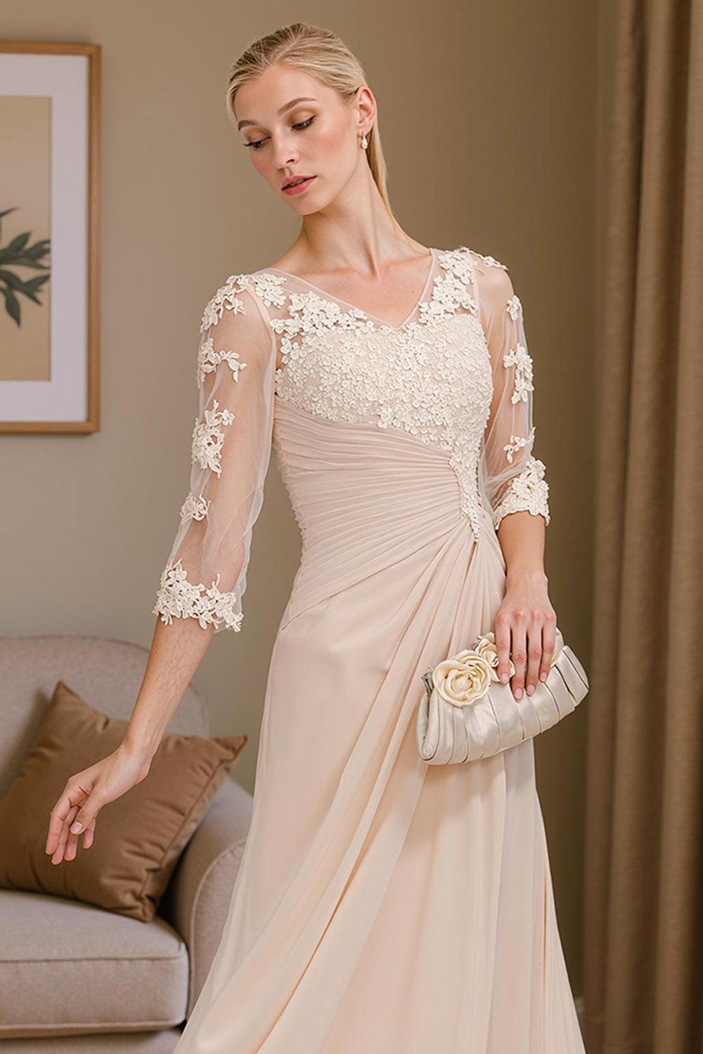 Dreamyannie Apricot Chiffon V Neck Sheath Floor Length Mother Of The Bride Dress With Lace