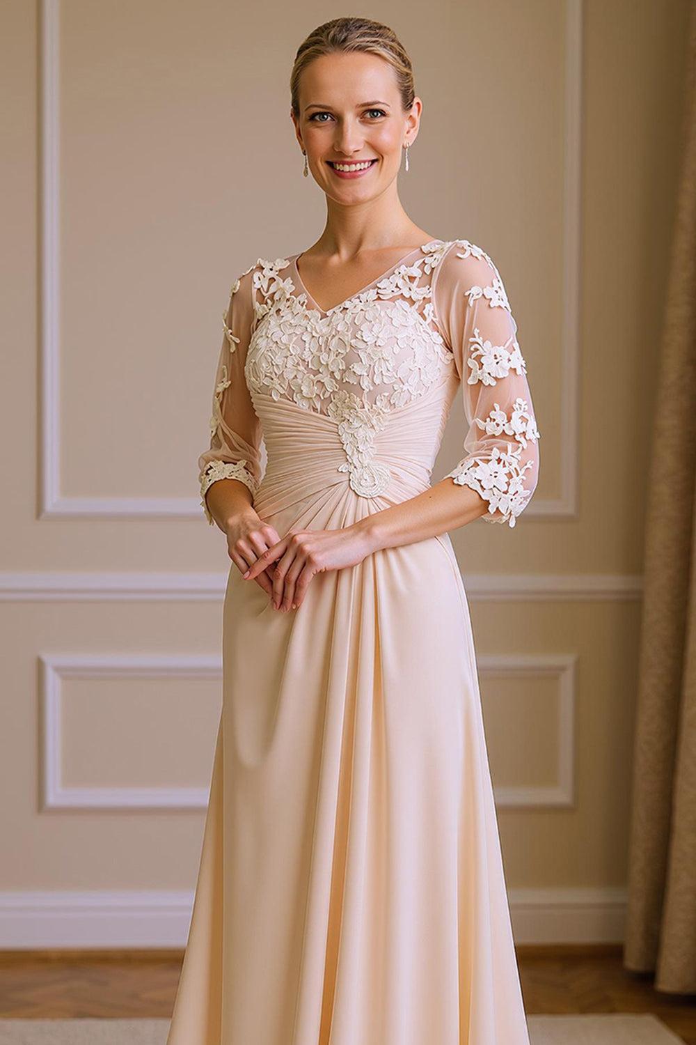 Dreamyannie Apricot Chiffon V Neck Sheath Floor Length Mother Of The Bride Dress With Lace