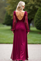 Dreamyannie Backless Long Burgundy Wedding Guest Dress V-Neck Chiffon Formal Dress With Slit