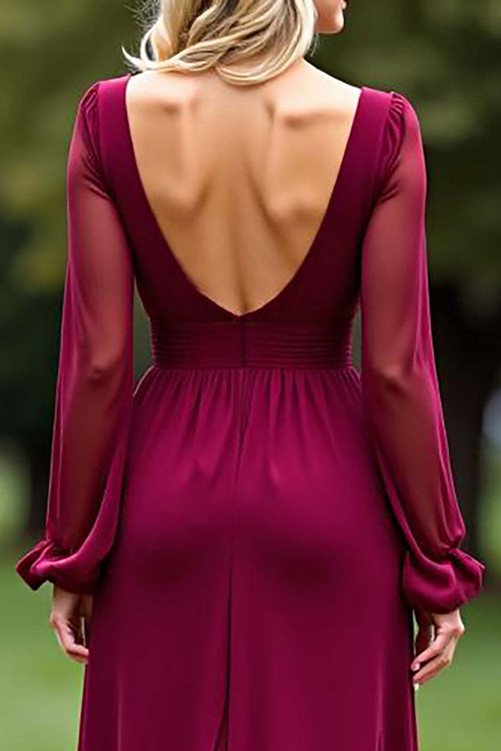 Dreamyannie Backless Long Burgundy Wedding Guest Dress V-Neck Chiffon Formal Dress With Slit