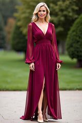 Dreamyannie Backless Long Burgundy Wedding Guest Dress V-Neck Chiffon Formal Dress With Slit