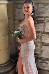 Dreamyannie Beaded Blush Prom Dress Sweetheart Long Formal Dress With Slit