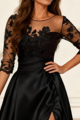 Dreamyannie Black A Line Satin Floor Length Mother Of The Bride Dress With Slit
