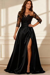 Dreamyannie Black A Line Satin Floor Length Mother Of The Bride Dress With Slit