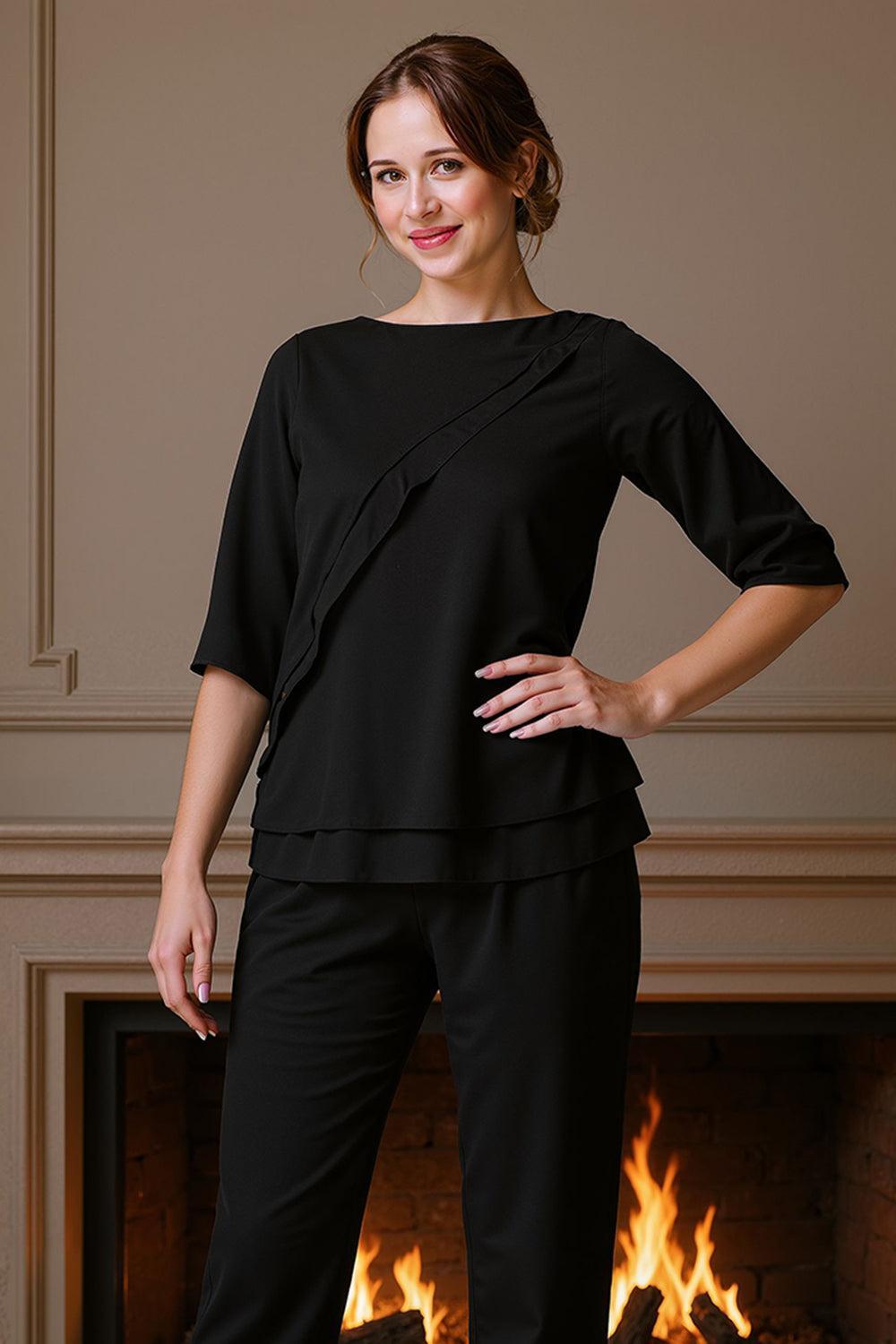 Dreamyannie Black Bateau Neck 2 Piece Mother Of The Bride Pant Suits With Sleeves