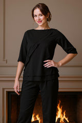 Dreamyannie Black Bateau Neck 2 Piece Mother Of The Bride Pant Suits With Sleeves