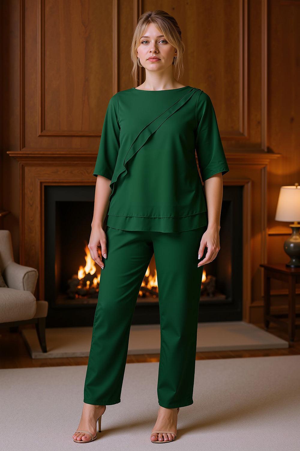 Dreamyannie Black Bateau Neck 2 Piece Mother Of The Bride Pant Suits With Sleeves