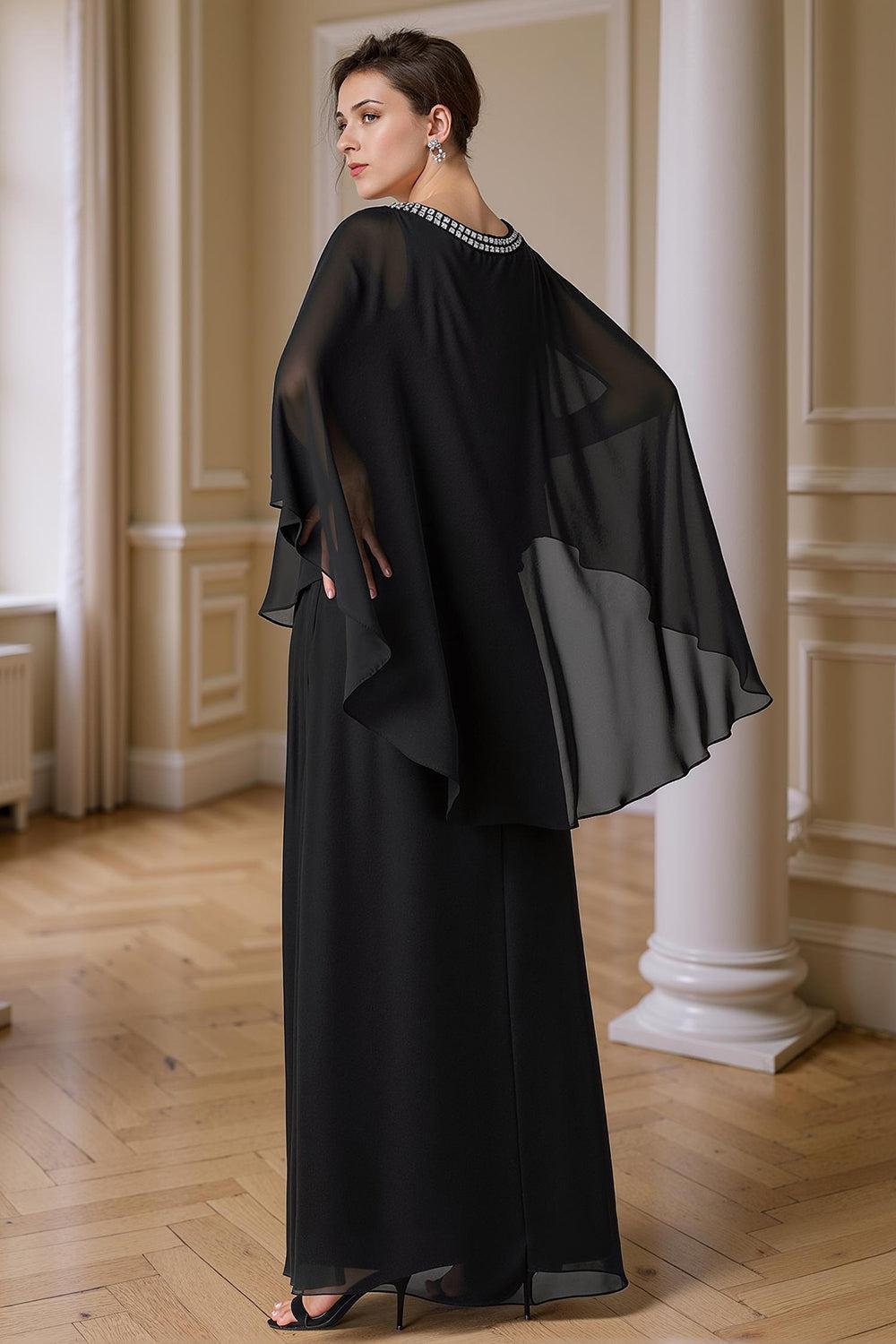 Dreamyannie Black Beaded Sheath Floor Length Mother Of The Bride Dress With Cape