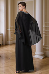 Dreamyannie Black Beaded Sheath Floor Length Mother Of The Bride Dress With Cape