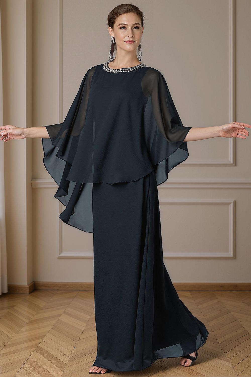 Dreamyannie Black Beaded Sheath Floor Length Mother Of The Bride Dress With Cape