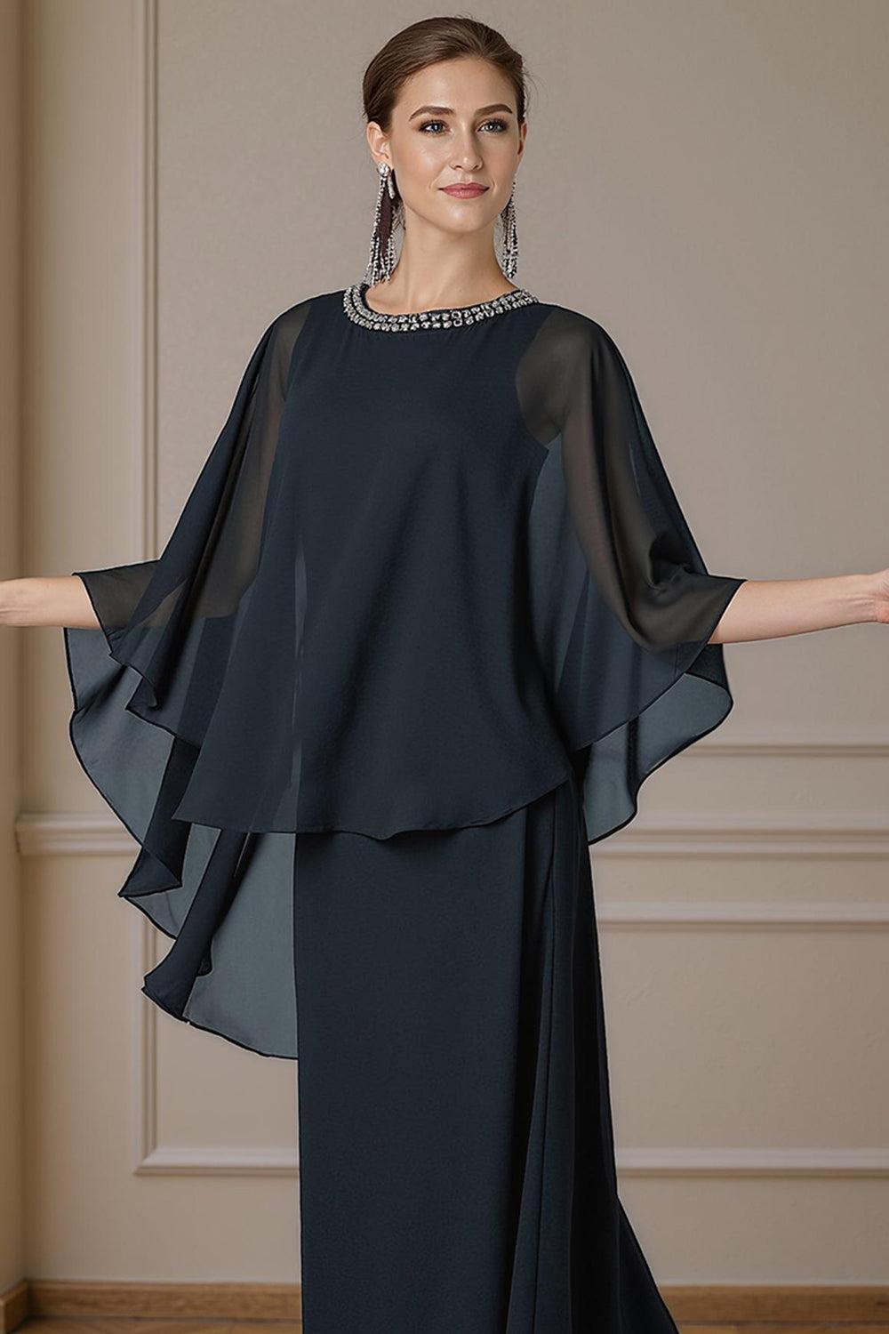Dreamyannie Black Beaded Sheath Floor Length Mother Of The Bride Dress With Cape