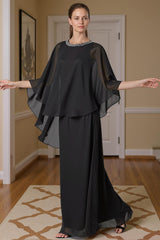 Dreamyannie Black Beaded Sheath Floor Length Mother Of The Bride Dress With Cape