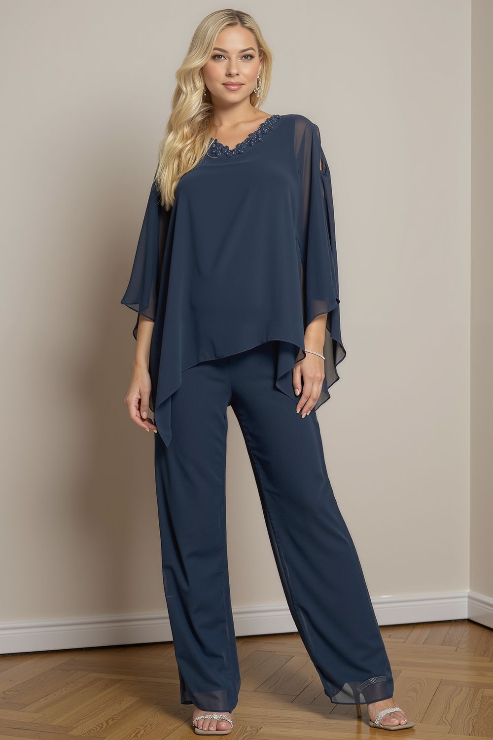Dreamyannie Black Beaded V Neck Mother Of The Bride Pant Suits
