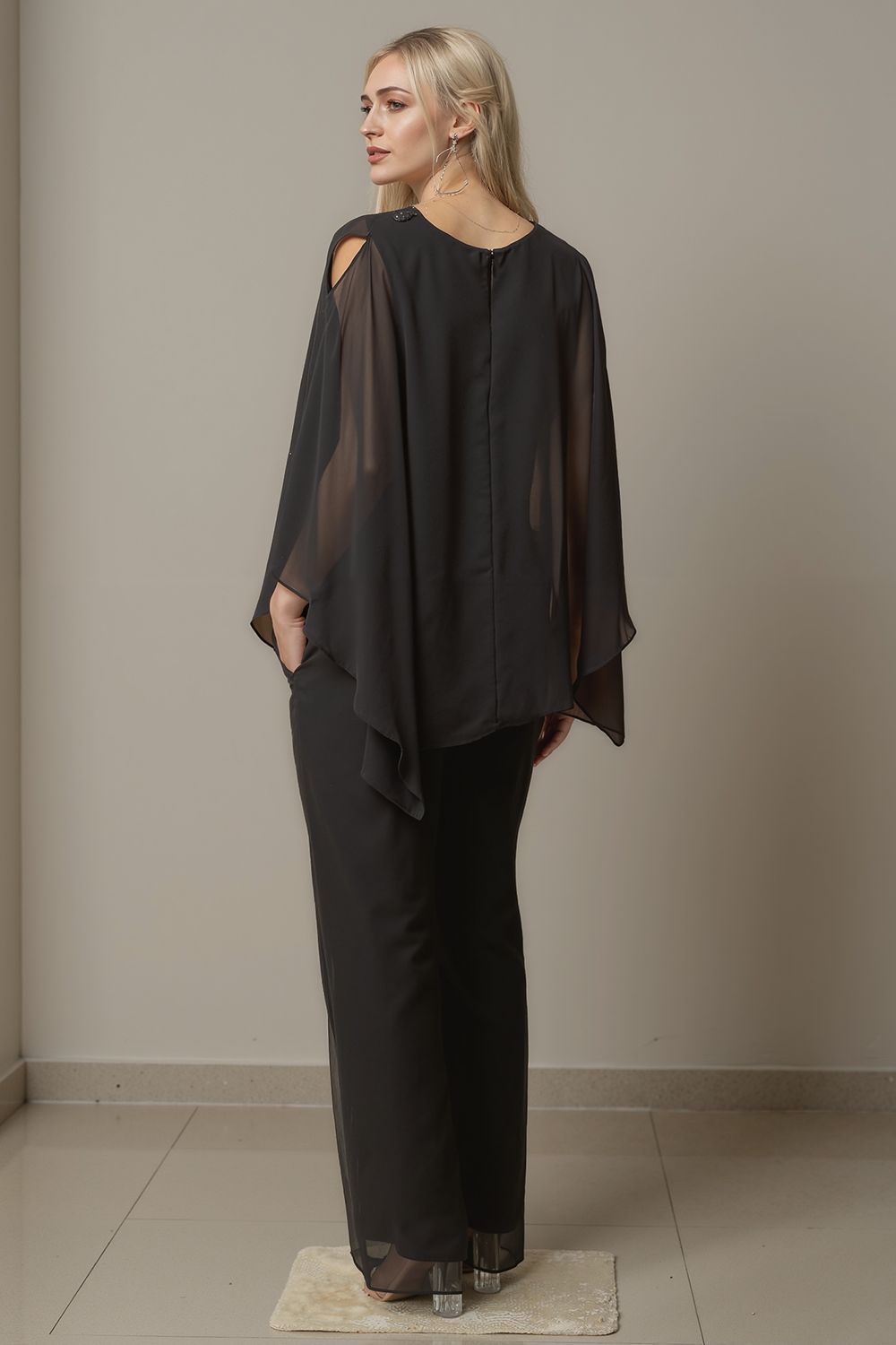Dreamyannie Black Beaded V Neck Mother Of The Bride Pant Suits